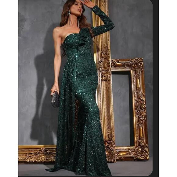 NWT Faeriesty Formal Dress Gown Sz Large Dark Green Sequin One Shoulder Mermaid - Picture 1 of 16
